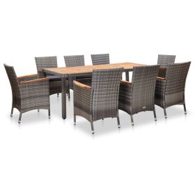 9 Piece Patio Dining Set Cushioned Poly Rattan Gray With Wood Detail