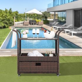 Outdoor Patio Wicker Rattan Serving Bar Cart Sideboard On Wheels Brown Gradient