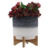 CERAMIC 10" PLANTER ON WOODEN STAND, GRAY