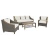 TREXM 4-Piece Rattan Outdoor Conversation Sofa Set with Wooden Coffee Table and Cushions Seating 5 People for Patio, Garden and Backyard (Grey)