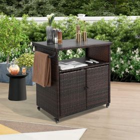 Outdoor Wicker Bar Cart, Patio Wine Serving Cart w/Wheels (Color: as Pic)